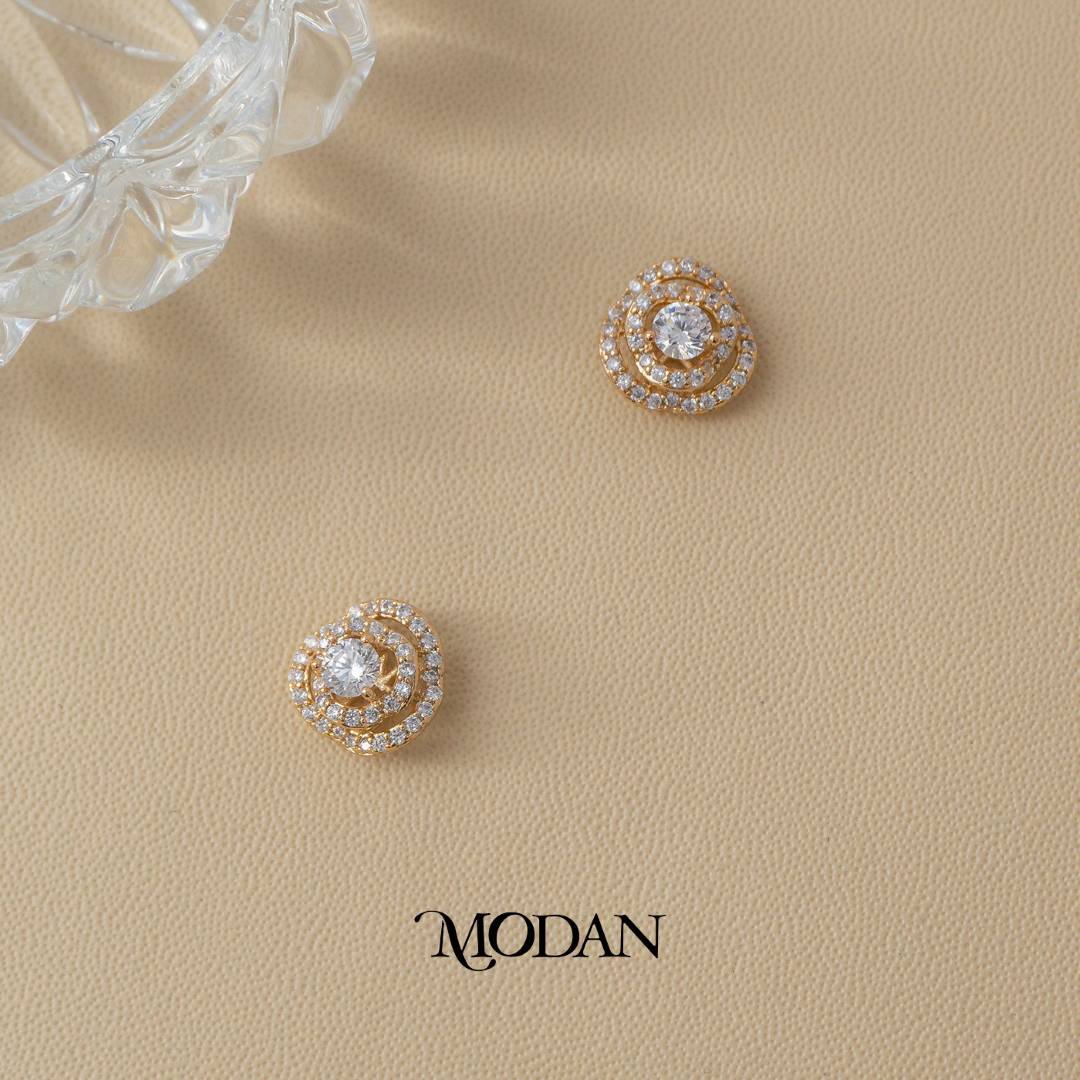 (11mm) Wedding Open Rose Flower Zirconia Stud Earrings Anting Tusuk Bunga Pernikahan Hypoallergenic Gold Plated