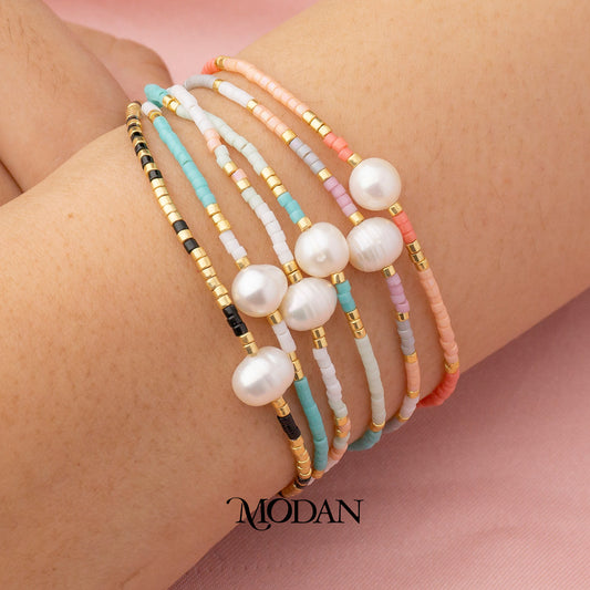 (6.4mm) Handmade Freshwater Pearl Beach Colorful Natural Gemstone Friendship Adjustable Bracelet Gelang Pantai Hypoallergenic Gold Filled