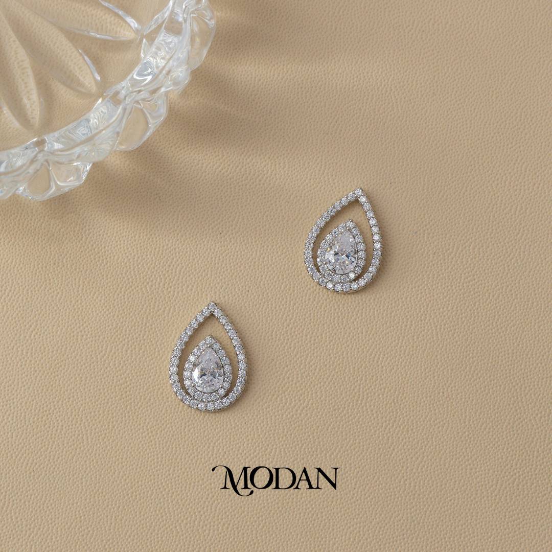 (9mm) Micro Paved Clear Zirconia Open Teardrop Stud Earrings Anting Tusuk Tetes Air Mata Hypoallergenic Gold Plated