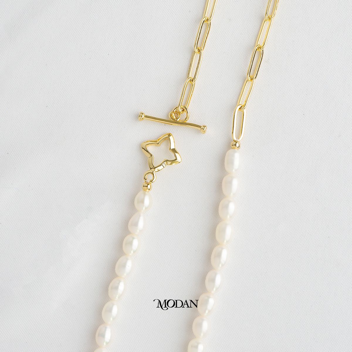 48cm Star Toggle White Freshwater Beaded Paperclip Necklace Kalung Mutiara Air Tawar Hypoallergenic Gold Plated