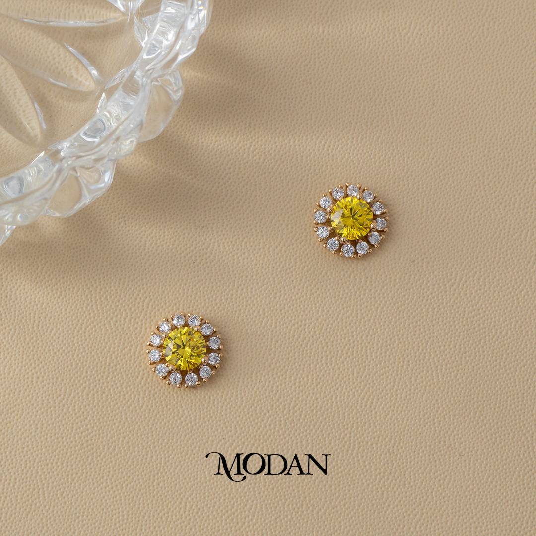 (11mm) Clear, Pink, Yellow Micro Pave Round Flower Stud Earrings Anting Tusuk Bunga Hypoallergenic Gold Plated