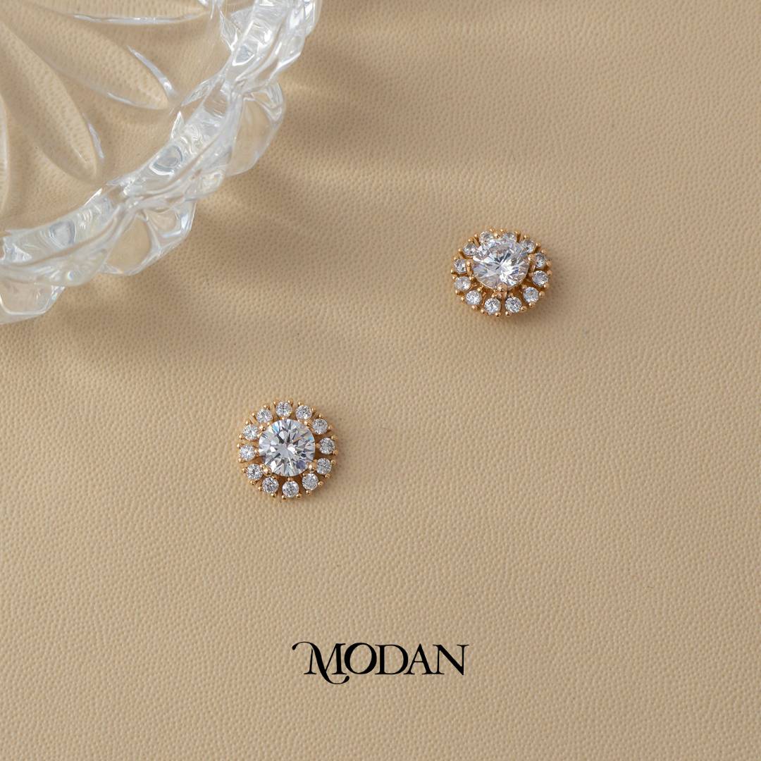 (11mm) Clear, Pink, Yellow Micro Pave Round Flower Stud Earrings Anting Tusuk Bunga Hypoallergenic Gold Plated