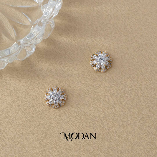 (11mm) Clear, Red Micro Pave Blooming Flower Stud Earrings Anting Tusuk Bunga Hypoallergenic Gold Plated