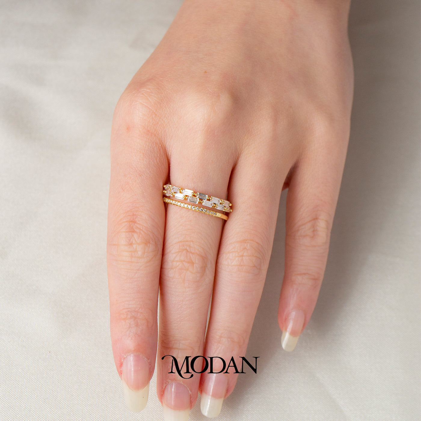 Double Layer Baguette Brick Ring Cincin Tumpuk Dua Lapis Kotak Hypoallergenic Gold Plated