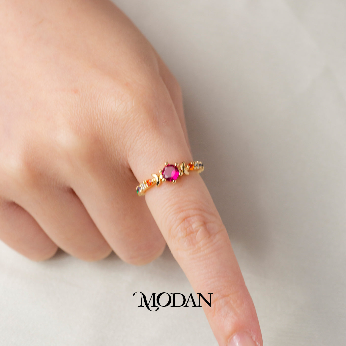 Celestial Witchy Rainbow Crystal Ring Cincin Pelangi Bentuk Bulan Sabit Hypoallergenic Gold Plated