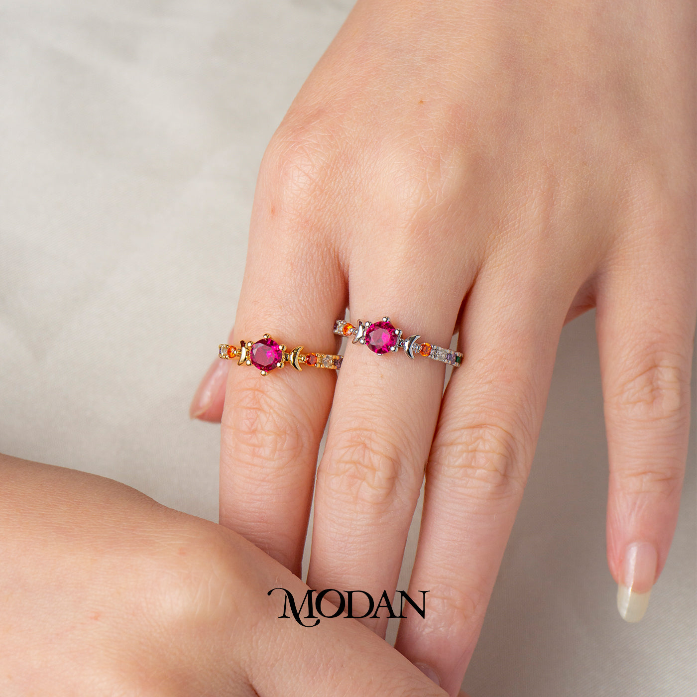 Celestial Witchy Rainbow Crystal Ring Cincin Pelangi Bentuk Bulan Sabit Hypoallergenic Gold Plated
