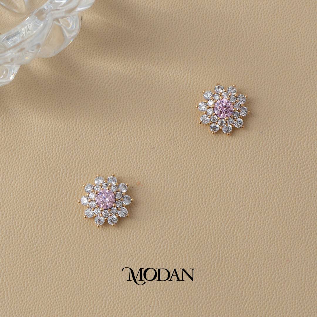 (11mm) Colorful Sparkling Micro Paved Zirconia Blooming Flower Stud Earrings Anting Tusuk Bunga Hypoallergenic Gold Plated