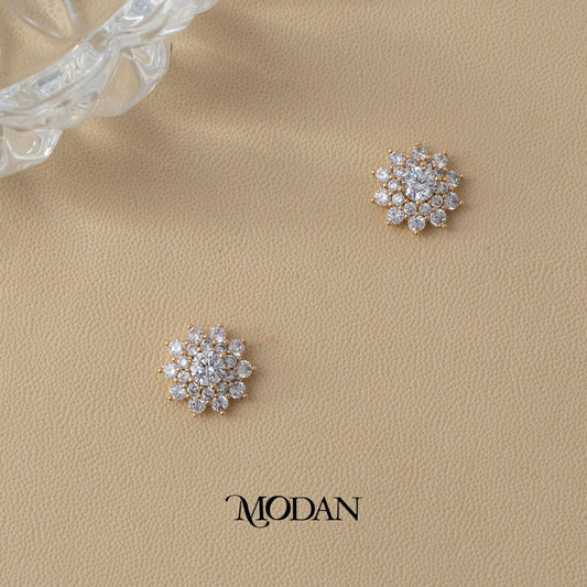 (11mm) Colorful Sparkling Micro Paved Zirconia Blooming Flower Stud Earrings Anting Tusuk Bunga Hypoallergenic Gold Plated