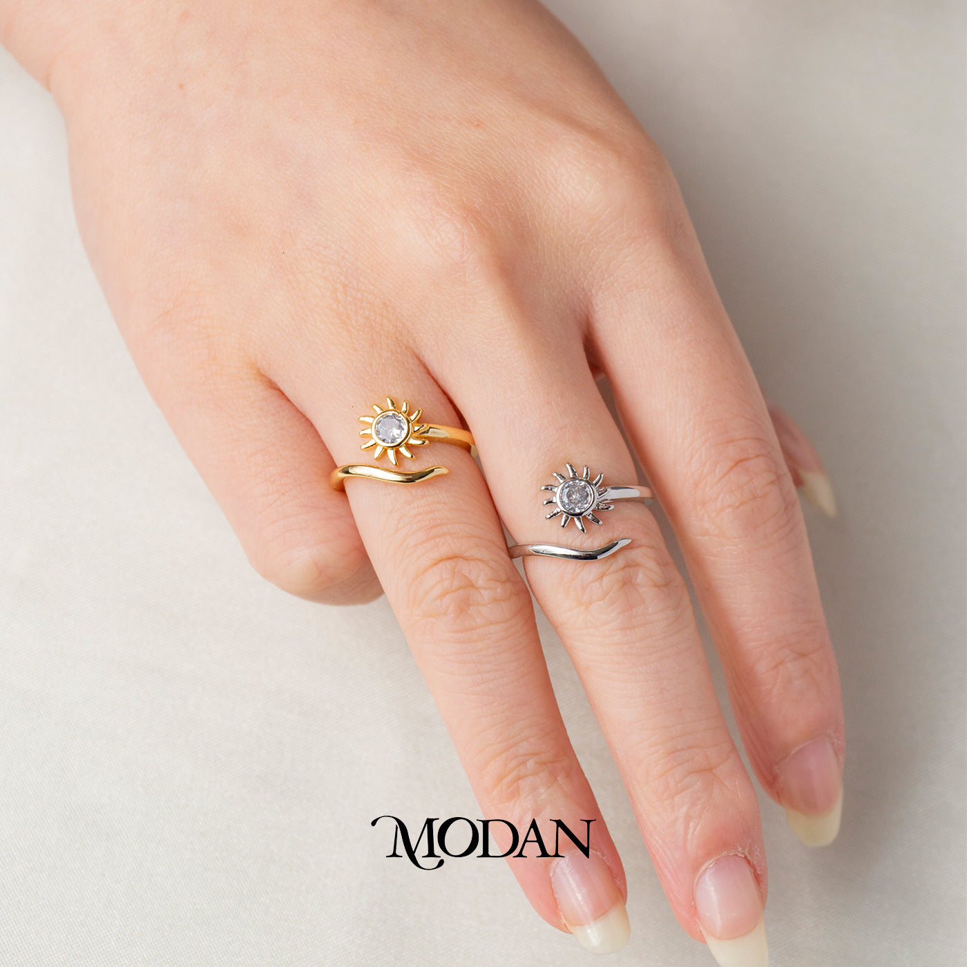 Minimalist Sun Wave Open Ring Cincin Wanita Karakter Matahari Estetik Hypoallergenic Gold Plated