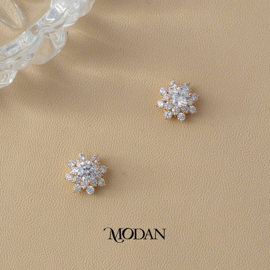 (11mm) Clear Sparkling Micro Paved Zirconia Blooming Flower Stud Earrings Anting Tusuk Bunga Hypoallergenic Gold Plated