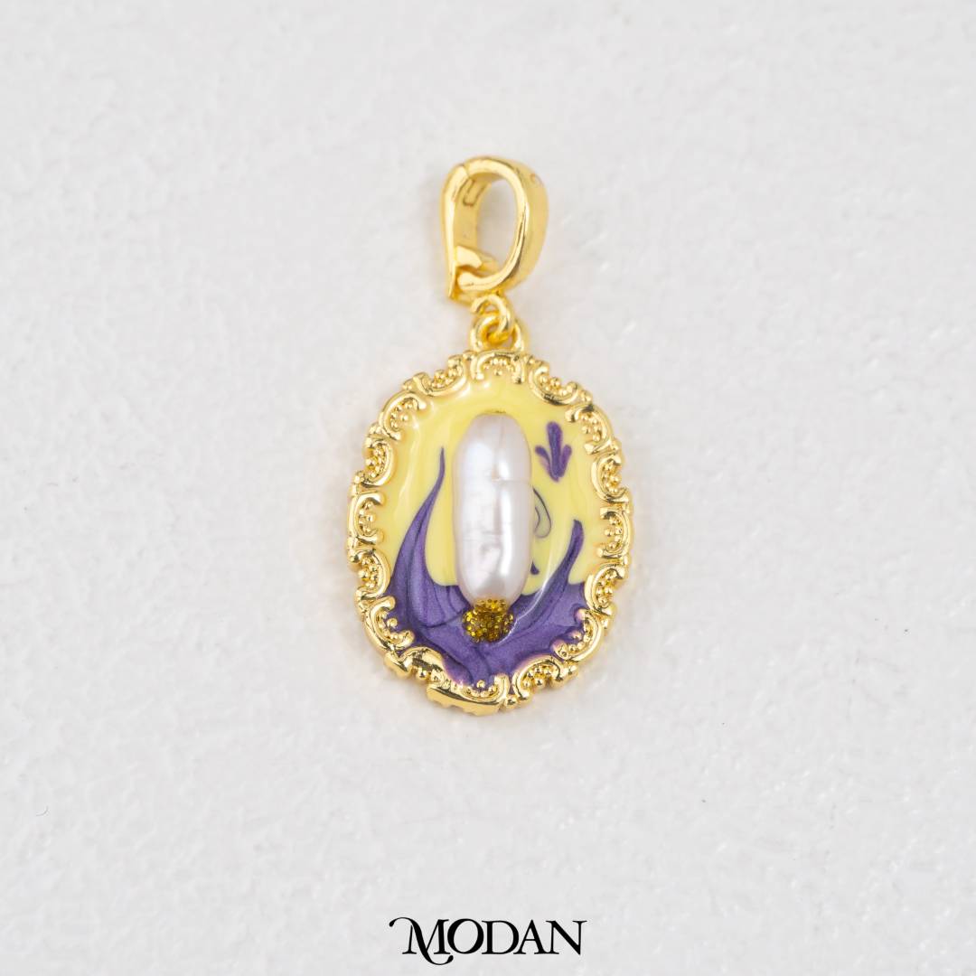 Artistic Enamel Freshwater Pearl Oval Pendant DIY Pendant Liontin Enamel Yellow Purple Oval Mutiara Air Tawar Hypoallergenic Gold Filled