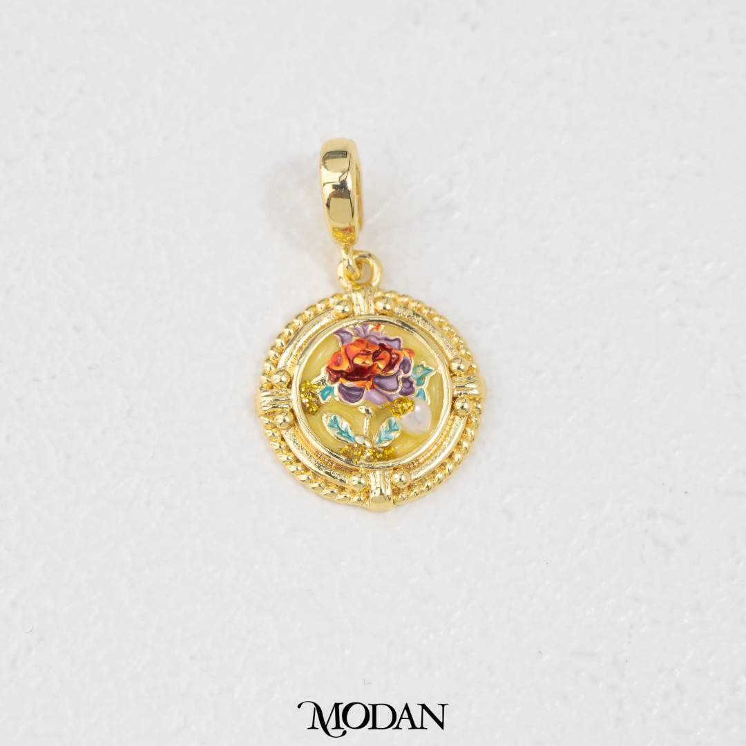 Vintage Red Rose Flower Enamel Yellow Round Pendant DIY Pendant Liontin Bunga Mawar Hypoallergenic Gold Filled
