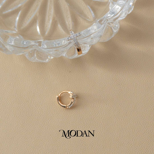 (9mm) Sparkling Rosegold Religious Cross Hoop Earrings Anting Salib Hypoallergenic Gold Plated