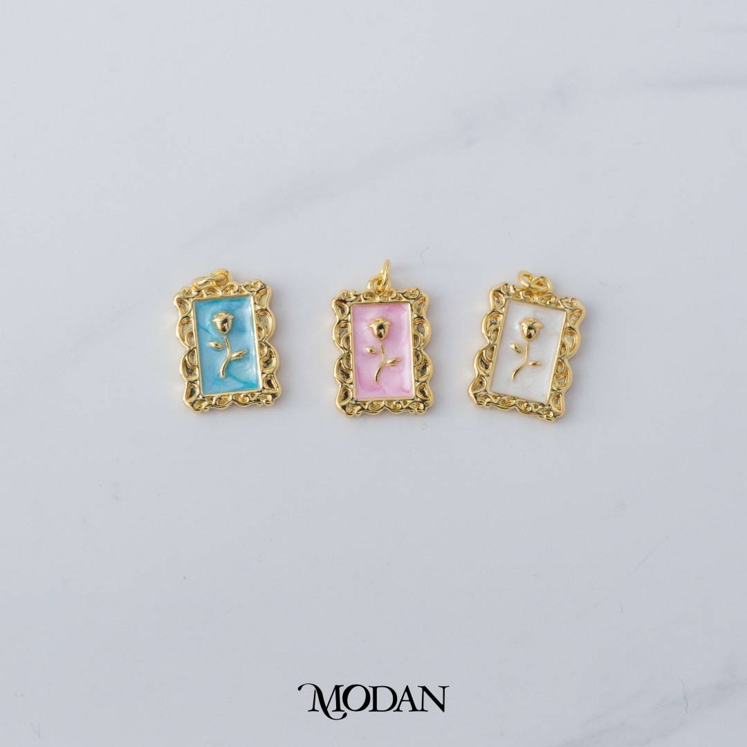 Blue Pink White Rectangular Flower Rose Enamel Charm DIY Charm Liontin Bunga Mawar Hypoallergenic Gold Filled