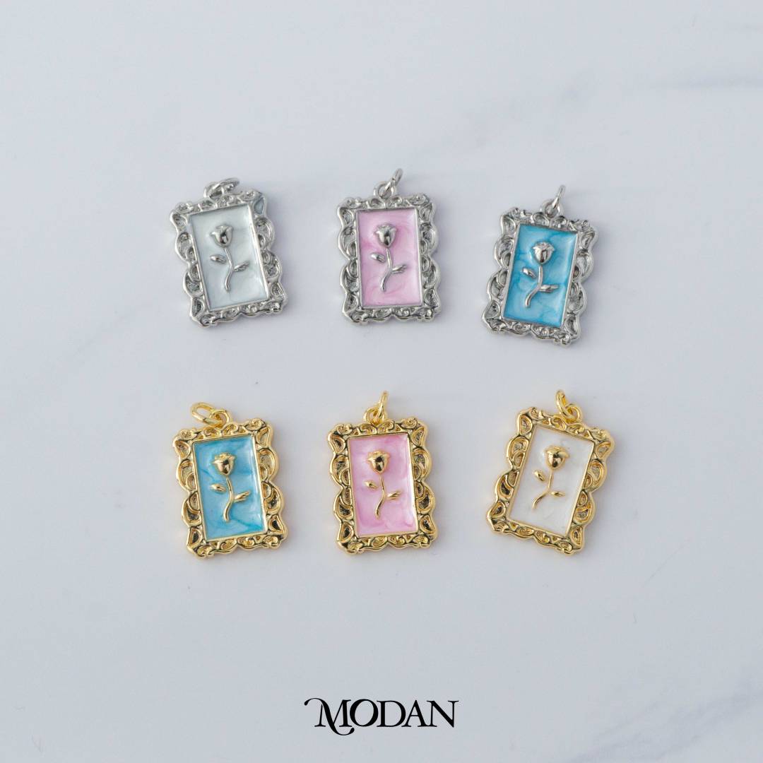 Blue Pink White Rectangular Flower Rose Enamel Charm DIY Charm Liontin Bunga Mawar Hypoallergenic Gold Filled