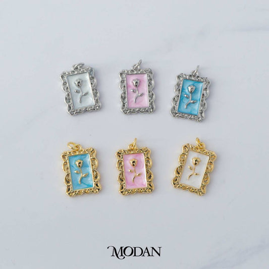 Blue Pink White Rectangular Flower Rose Enamel Charm DIY Charm Liontin Bunga Mawar Hypoallergenic Gold Filled