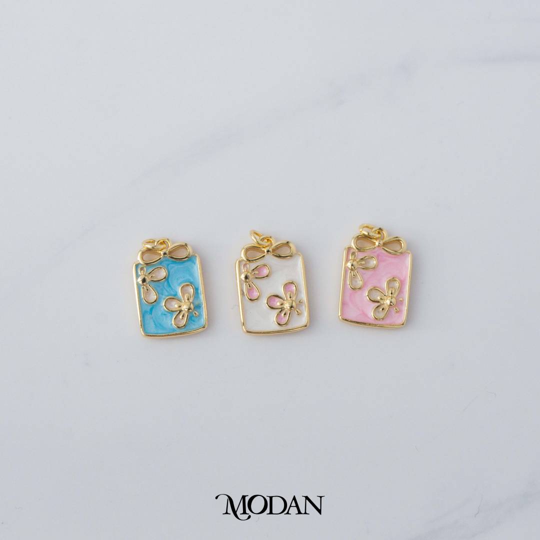 Rectangular Ribbon Flower Enamel DIY Charm Liontin Bunga Pita Persegi Panjang Hypoallergenic Gold Filled