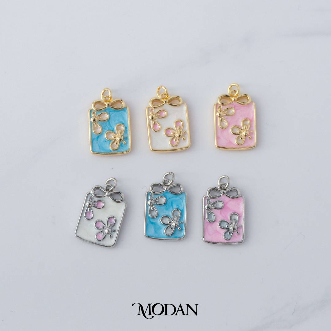 Rectangular Ribbon Flower Enamel DIY Charm Liontin Bunga Pita Persegi Panjang Hypoallergenic Gold Filled