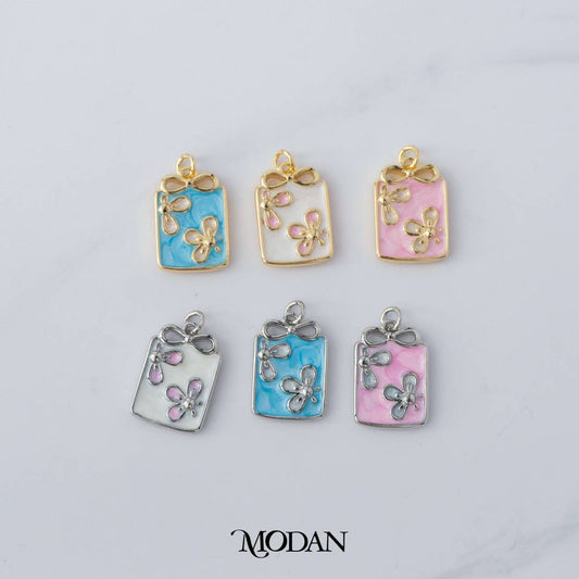 Rectangular Ribbon Flower Enamel DIY Charm Liontin Bunga Pita Persegi Panjang Hypoallergenic Gold Filled