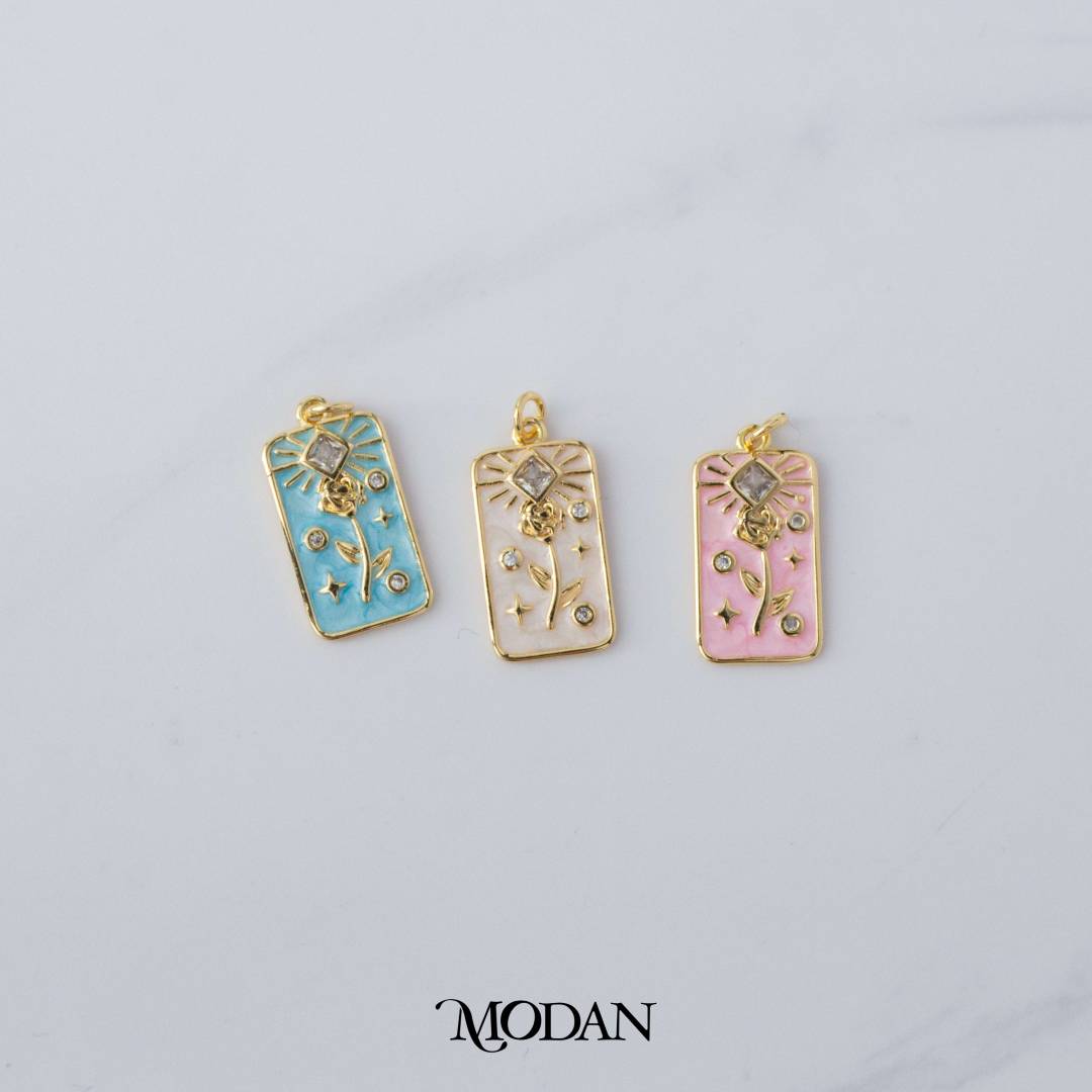 Rose Flower Clear Rhombus Cubic Zirconia Tag Enamel Charm DIY Charm Liontin Bunga Mawar Bingkai Hypoallergenic Gold Filled