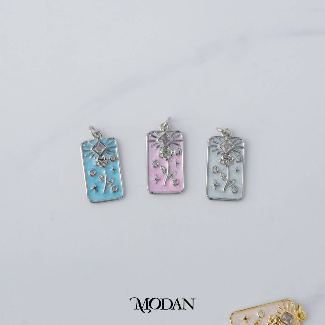 Rose Flower Clear Rhombus Cubic Zirconia Tag Enamel Charm DIY Charm Liontin Bunga Mawar Bingkai Hypoallergenic Gold Filled