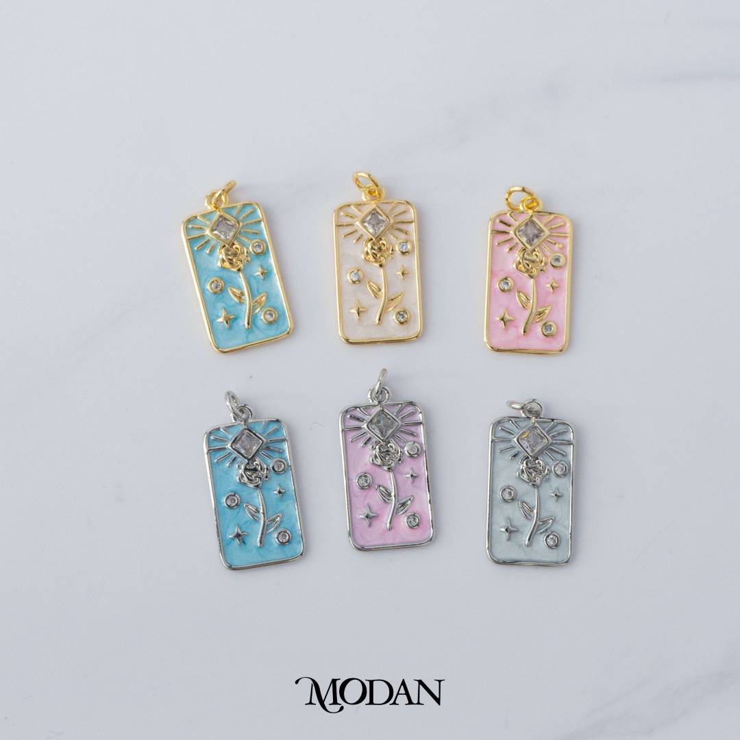 Rose Flower Clear Rhombus Cubic Zirconia Tag Enamel Charm DIY Charm Liontin Bunga Mawar Bingkai Hypoallergenic Gold Filled