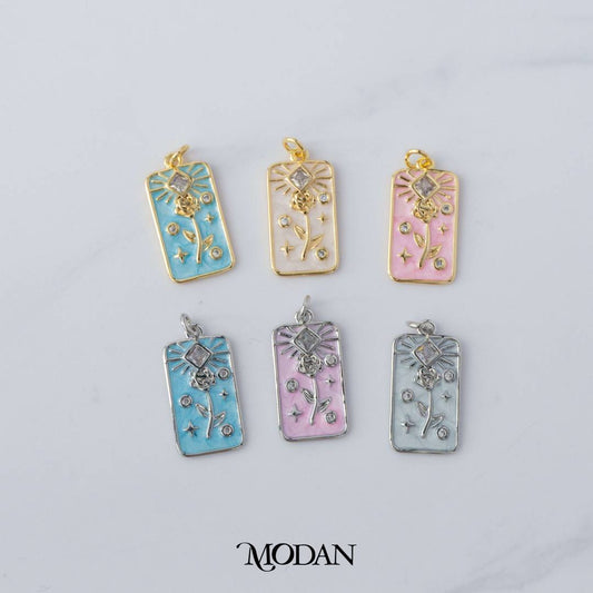 Rose Flower Clear Rhombus Cubic Zirconia Tag Enamel Charm DIY Charm Liontin Bunga Mawar Bingkai Hypoallergenic Gold Filled