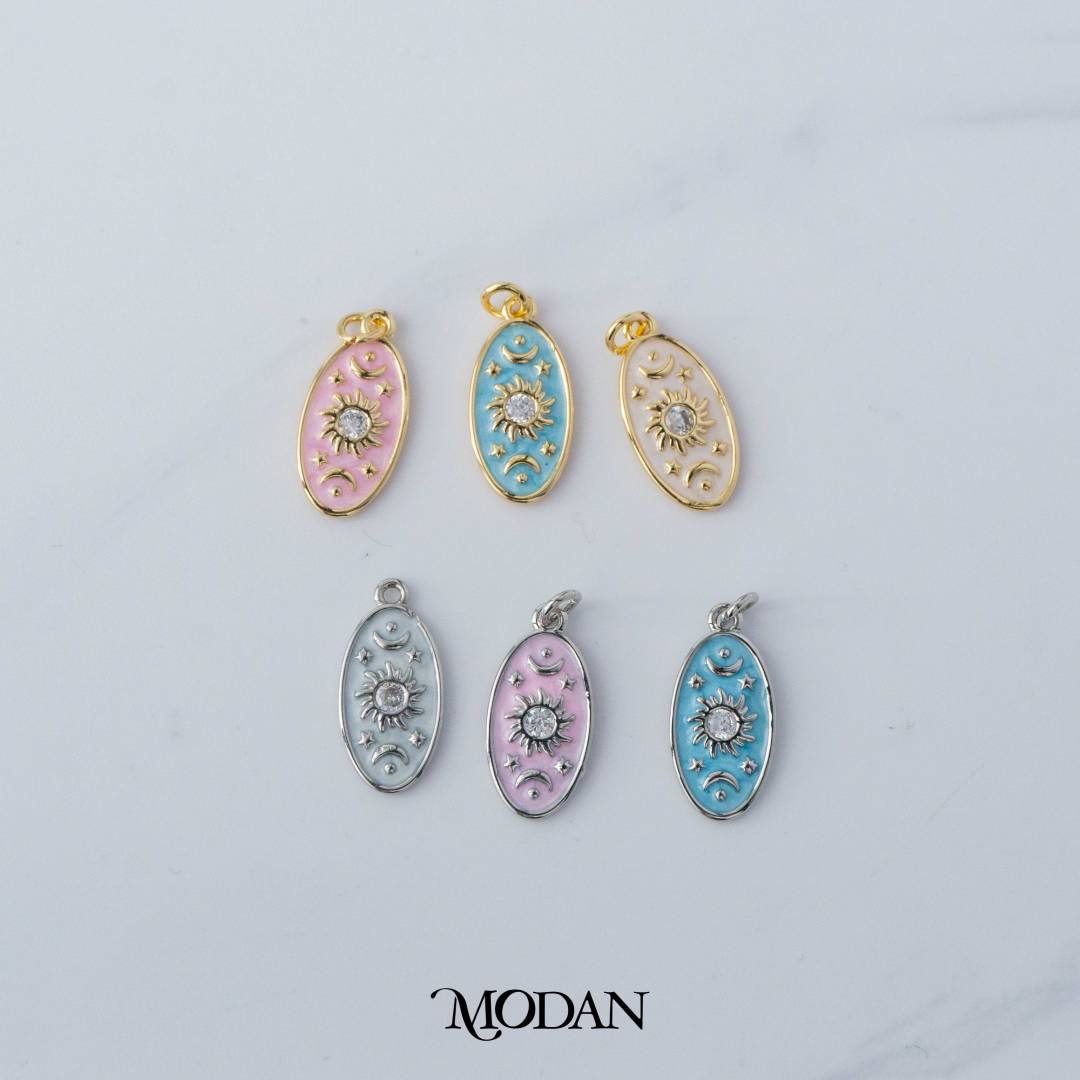 Colorful Celestial Sun Star Moon Oval DIY Charm Liontin Bulan Bintang Matahari Oval Hypoallergenic Gold Filled