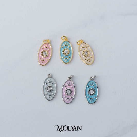 Colorful Celestial Sun Star Moon Oval DIY Charm Liontin Bulan Bintang Matahari Oval Hypoallergenic Gold Filled