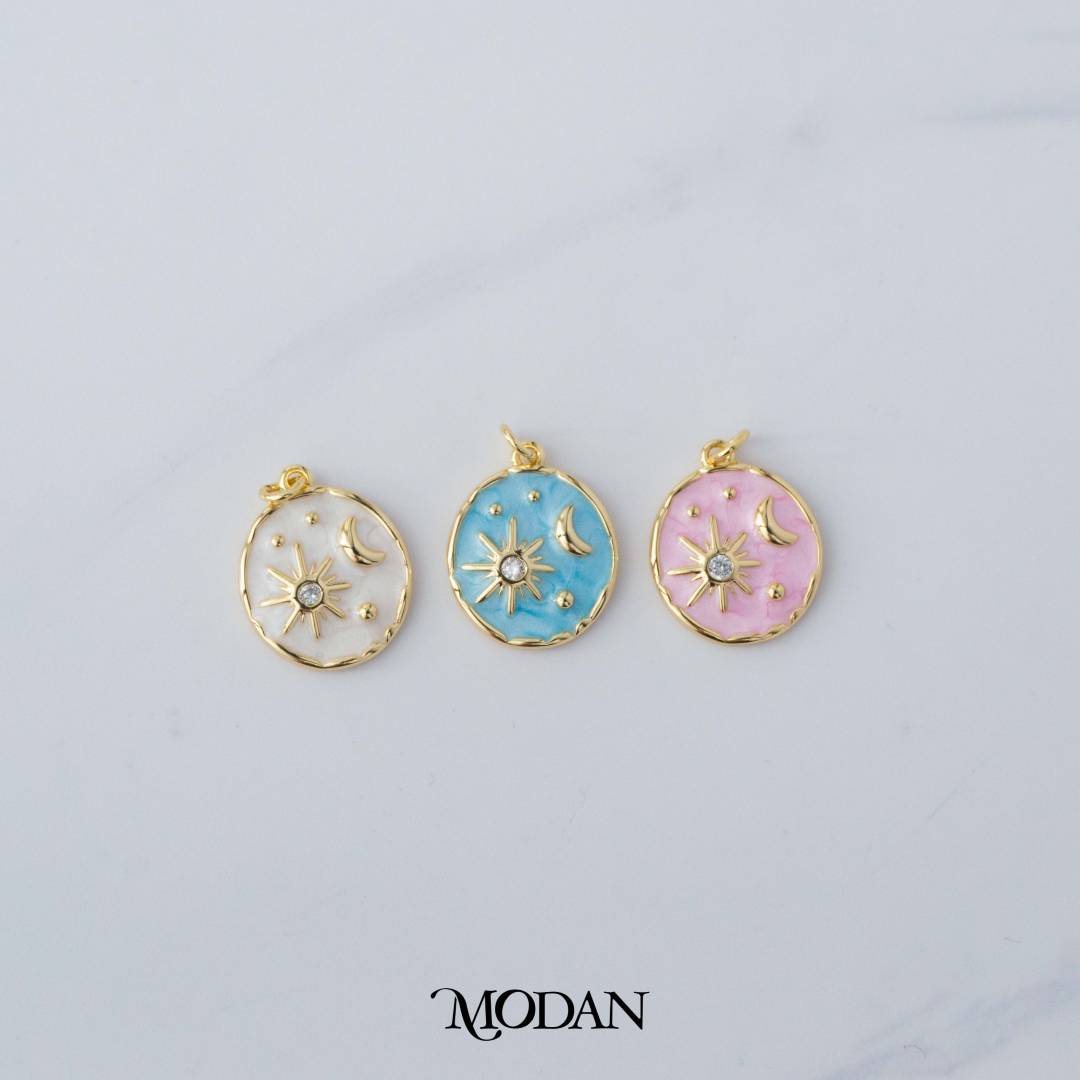 Colorful Celestial Sun Star Moon Round DIY Charm Liontin Bulan Bintang Matahari Bukat Hypoallergenic Gold Filled