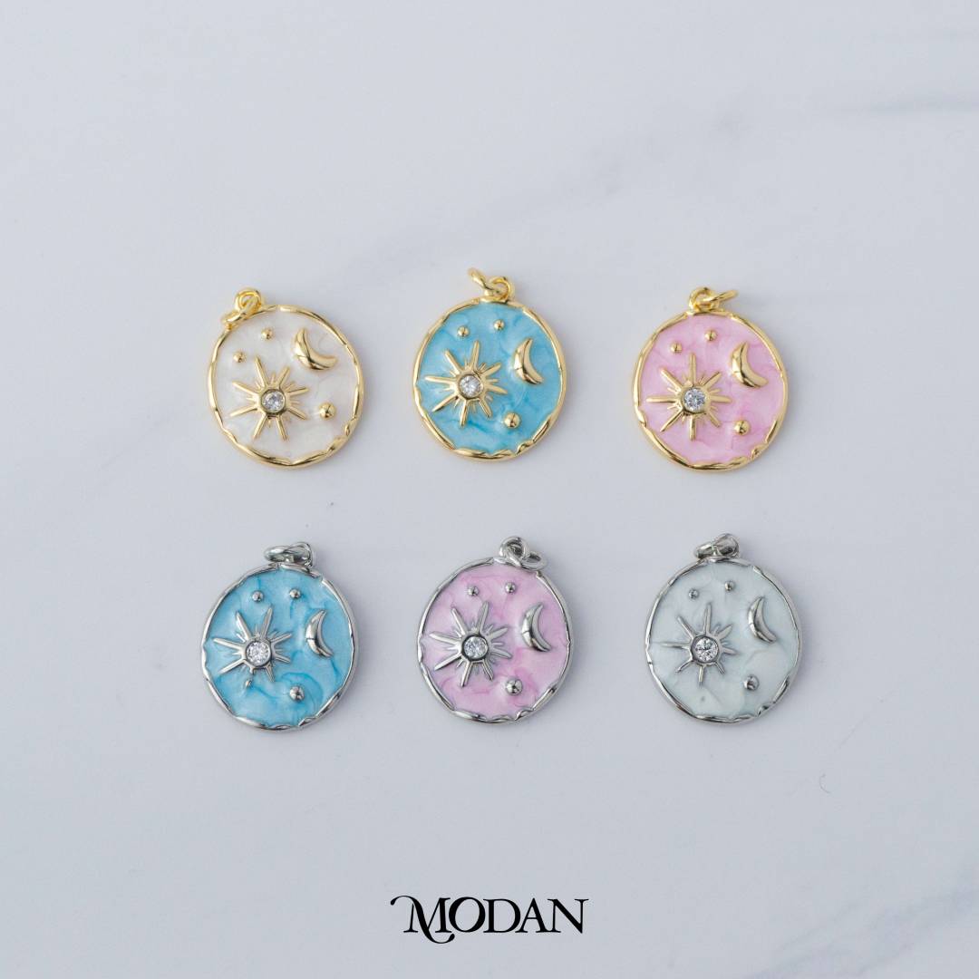 Colorful Celestial Sun Star Moon Round DIY Charm Liontin Bulan Bintang Matahari Bukat Hypoallergenic Gold Filled