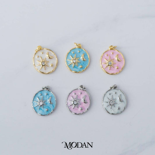 Colorful Celestial Sun Star Moon Round DIY Charm Liontin Bulan Bintang Matahari Bukat Hypoallergenic Gold Filled