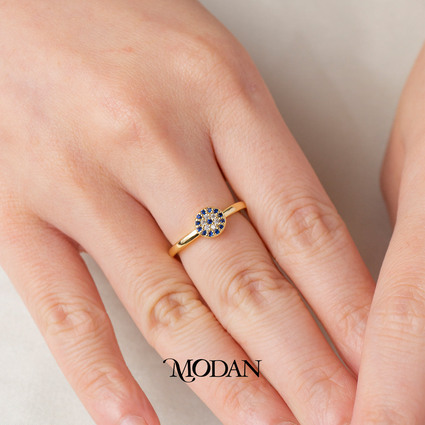 Minimalist Sapphire Evil Eye Ring Cincin Mata Satu Warna Biru Sapphire Hypoallergenic Gold Plated