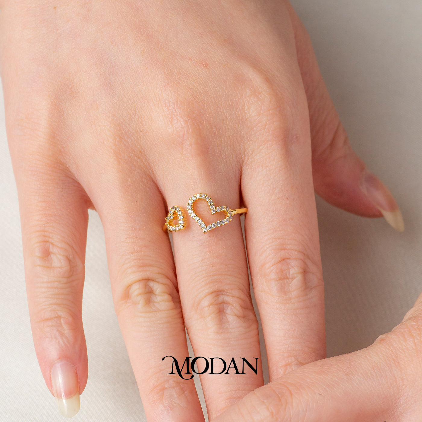 Dainty Pave Twin Hearts Adjustable Ring Cincin Hati Kembar Batuan Pasir Hypoallergenic Gold Plated