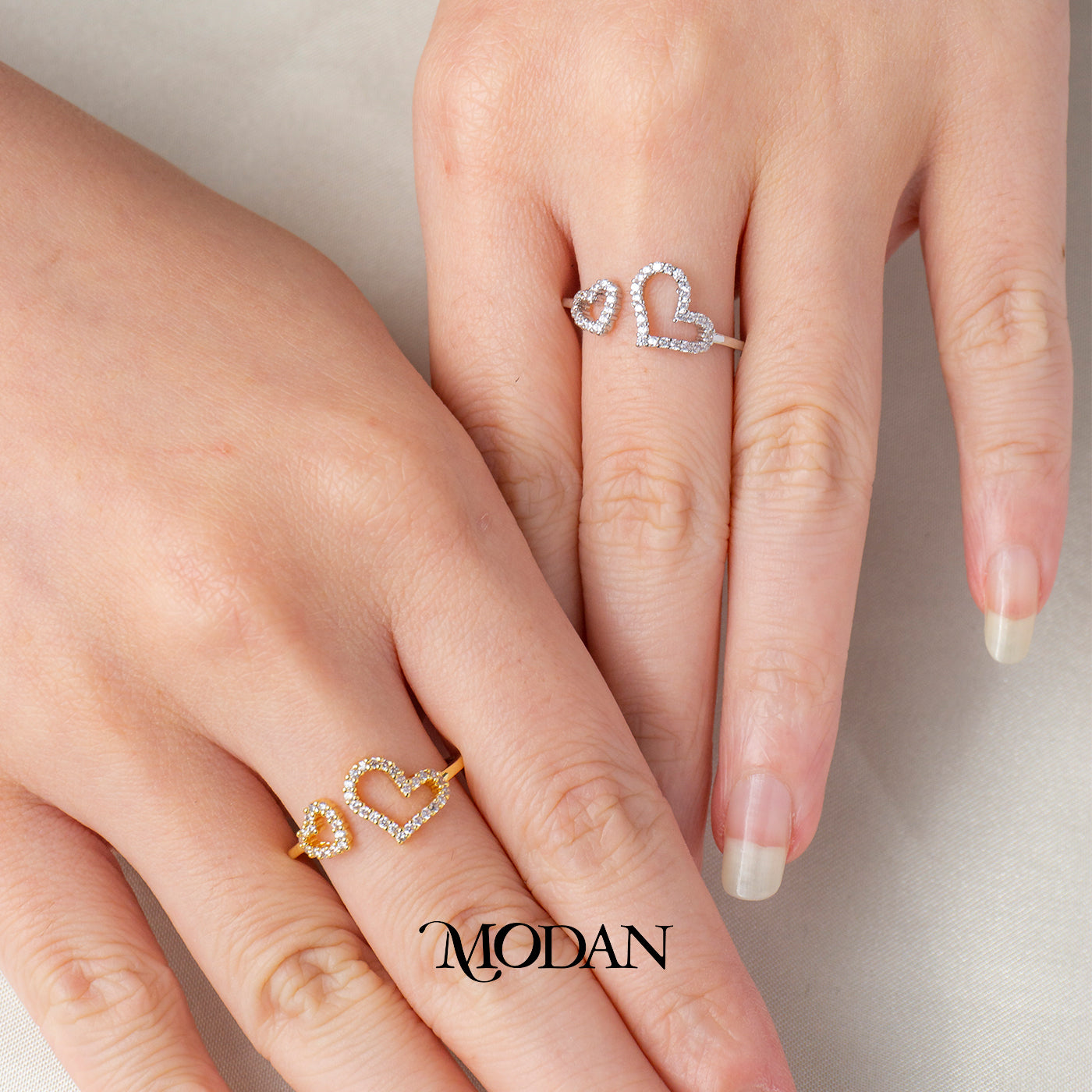 Dainty Pave Twin Hearts Adjustable Ring Cincin Hati Kembar Batuan Pasir Hypoallergenic Gold Plated