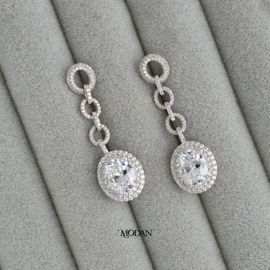 (42mm) Sparkling Round Zirconia Drop Link Stud Earrings Anting Tusuk Pesta Hypoallergenic Gold Plated