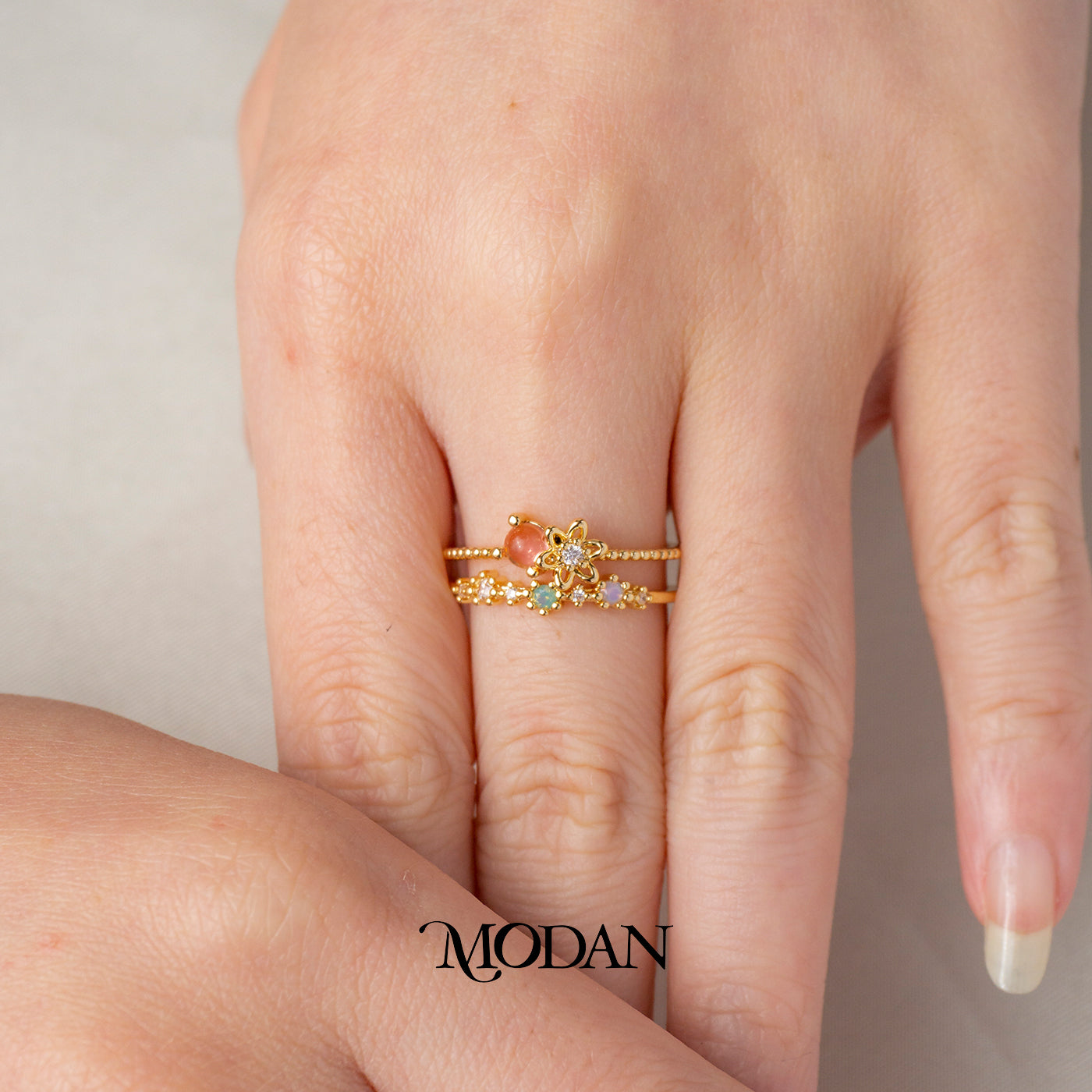 Pink Flowers Double Layer Korean Ring Cincin Bunga Merah Hypoallergenic Gold Plated