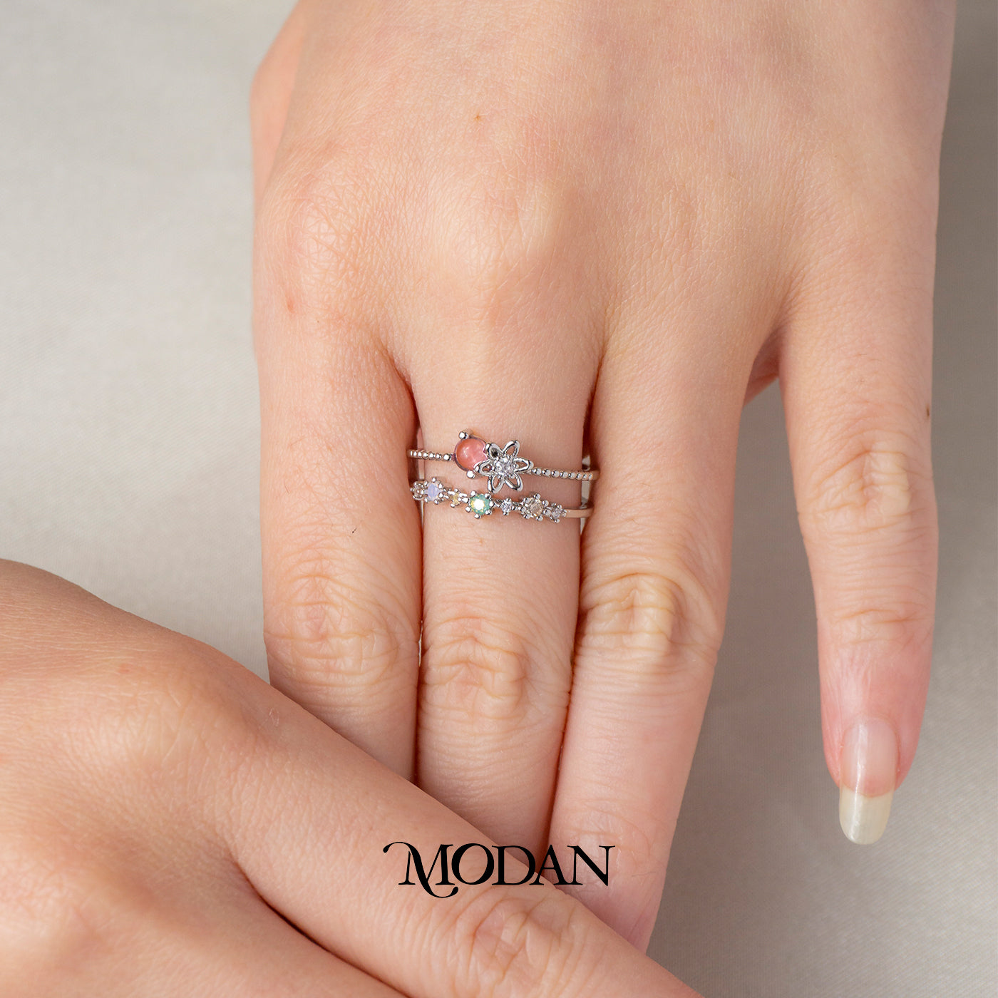 Pink Flowers Double Layer Korean Ring Cincin Bunga Merah Hypoallergenic Gold Plated