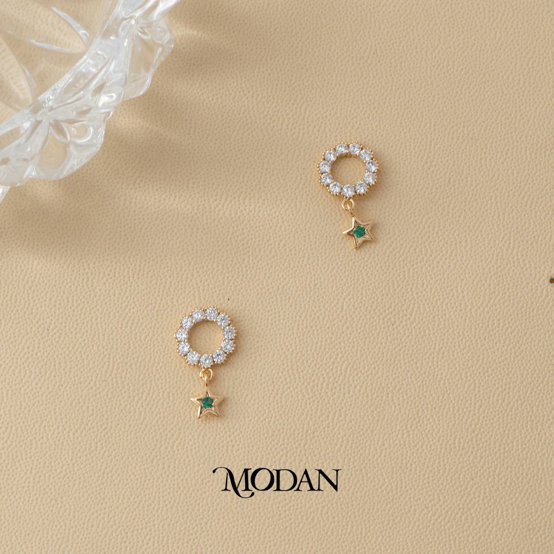 (15mm) Sparkling Celestial Star Dangle Stud Earrings Anting Tusuk Bintang Hypoallergenic Gold Plated