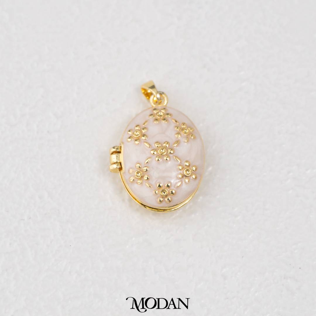 Oval Floral Style Photo Locket Enamel Pink Yellow White DIY Pendant Liontin Foto Bunga Oval Enamel Hypoallergenic Gold Filled
