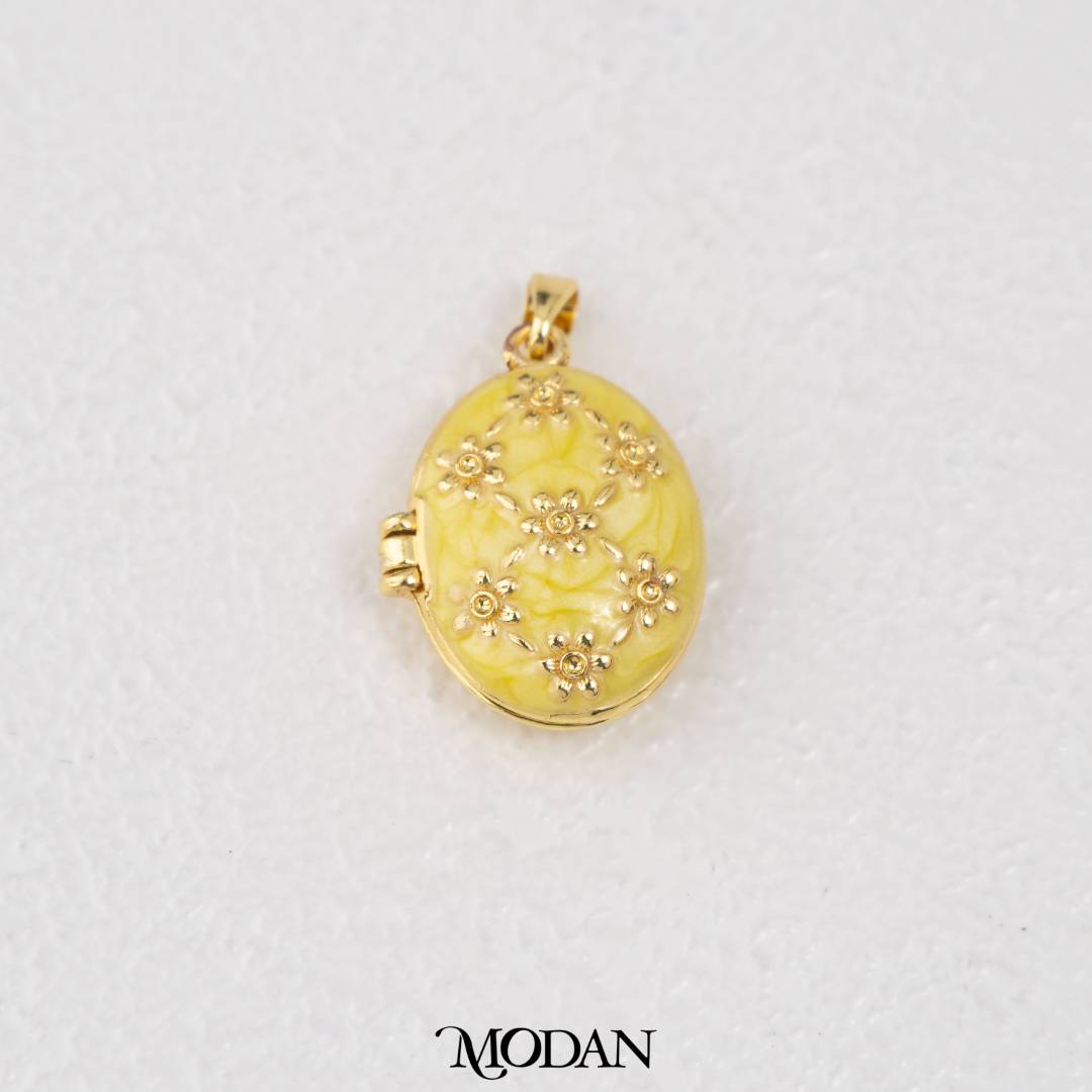 Oval Floral Style Photo Locket Enamel Pink Yellow White DIY Pendant Liontin Foto Bunga Oval Enamel Hypoallergenic Gold Filled
