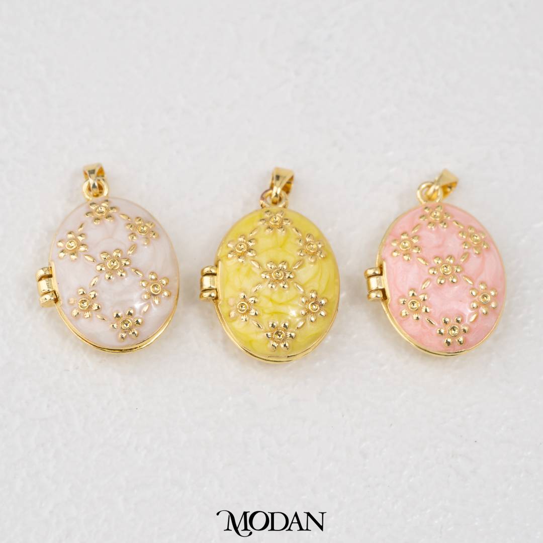 Oval Floral Style Photo Locket Enamel Pink Yellow White DIY Pendant Liontin Foto Bunga Oval Enamel Hypoallergenic Gold Filled