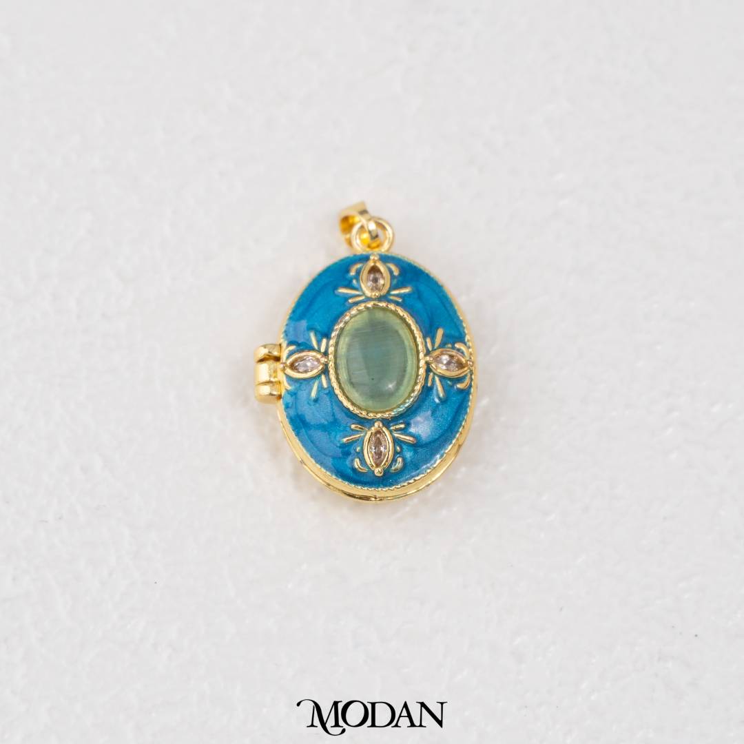 Vintage Oval Photo Locket Enamel White Yellow Blue DIY Pendant Liontin Foto Klasik Oval Hypoallergenic Gold Filled