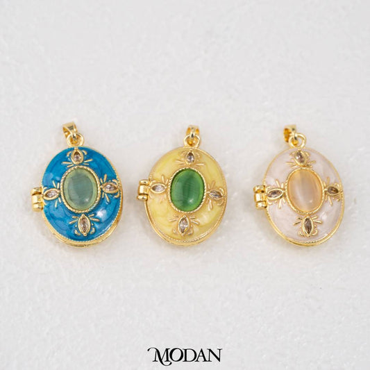 Vintage Oval Photo Locket Enamel White Yellow Blue DIY Pendant Liontin Foto Klasik Oval Hypoallergenic Gold Filled