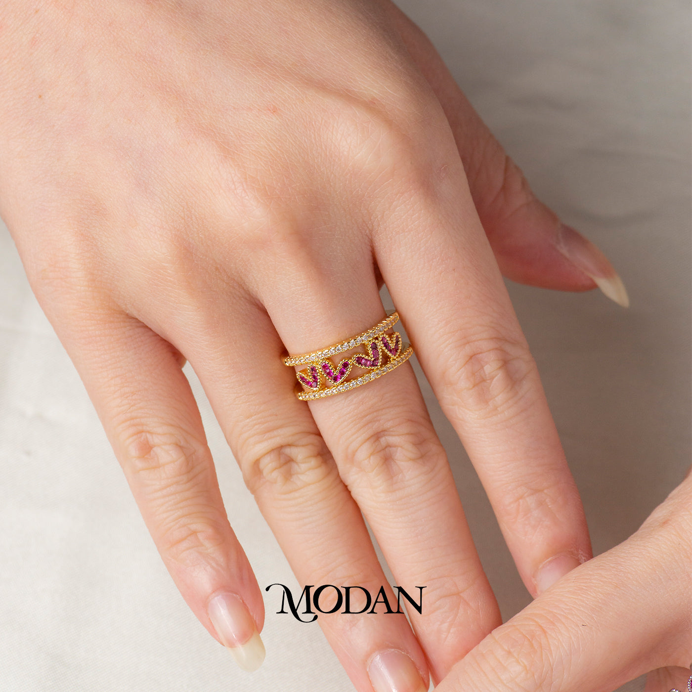 Korean Fuchsia Multi Layer Love Band Cincin Layer Bentuk Hati Fuchsia Hypoallergenic Gold Plated