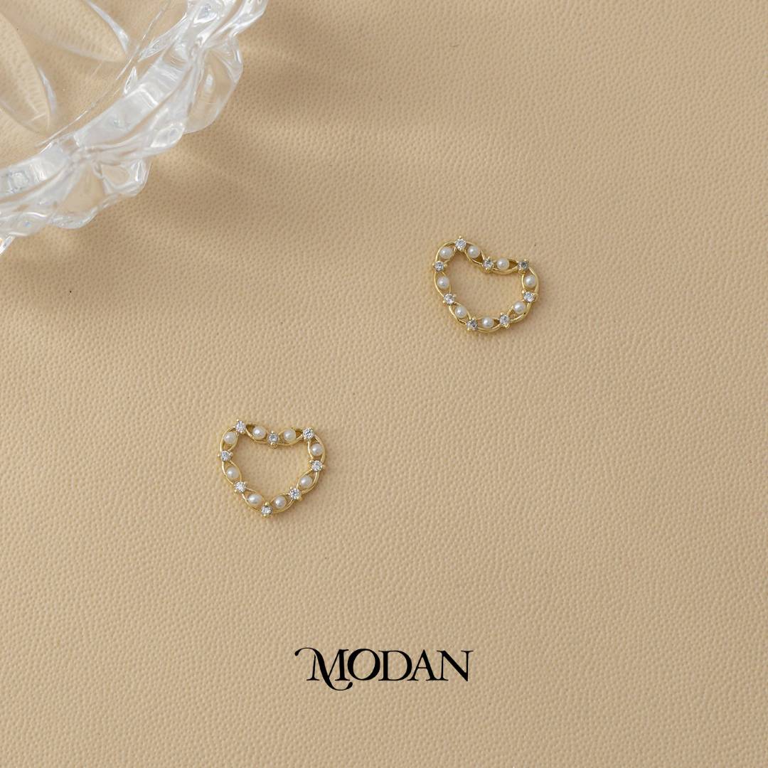 Elegant Open Geometric Heart Cluster Pearl Stud Earrings Anting Tusuk Hati Korean Style Hypoallergenic Gold Plated