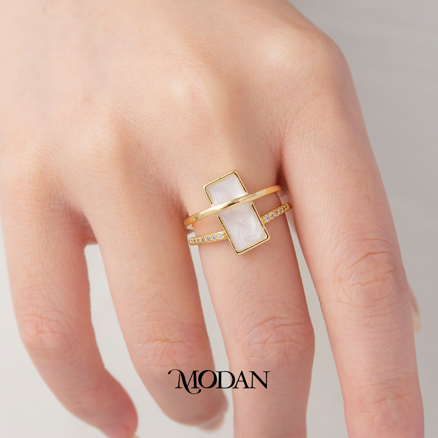 MOP White Geometric Rectangular Bar Double Layer Statement Ring Cincin Mother of Pearl Hypoallergenic Gold Plated