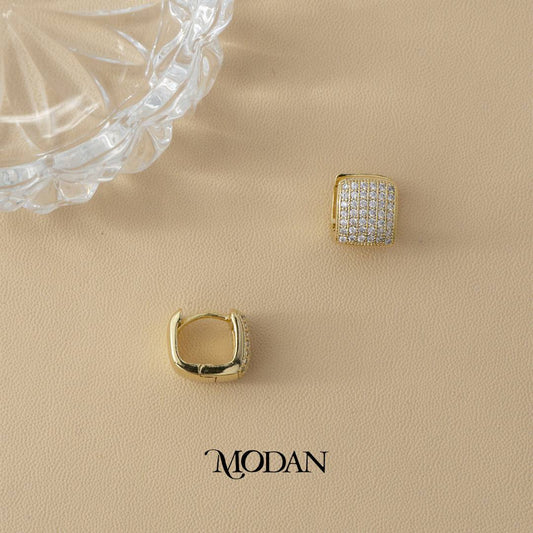 (12mm) Sparkling Chunky Rectangular Bar Hoop Earrings Anting Persegi Panjang Hypoallergenic Gold Plated