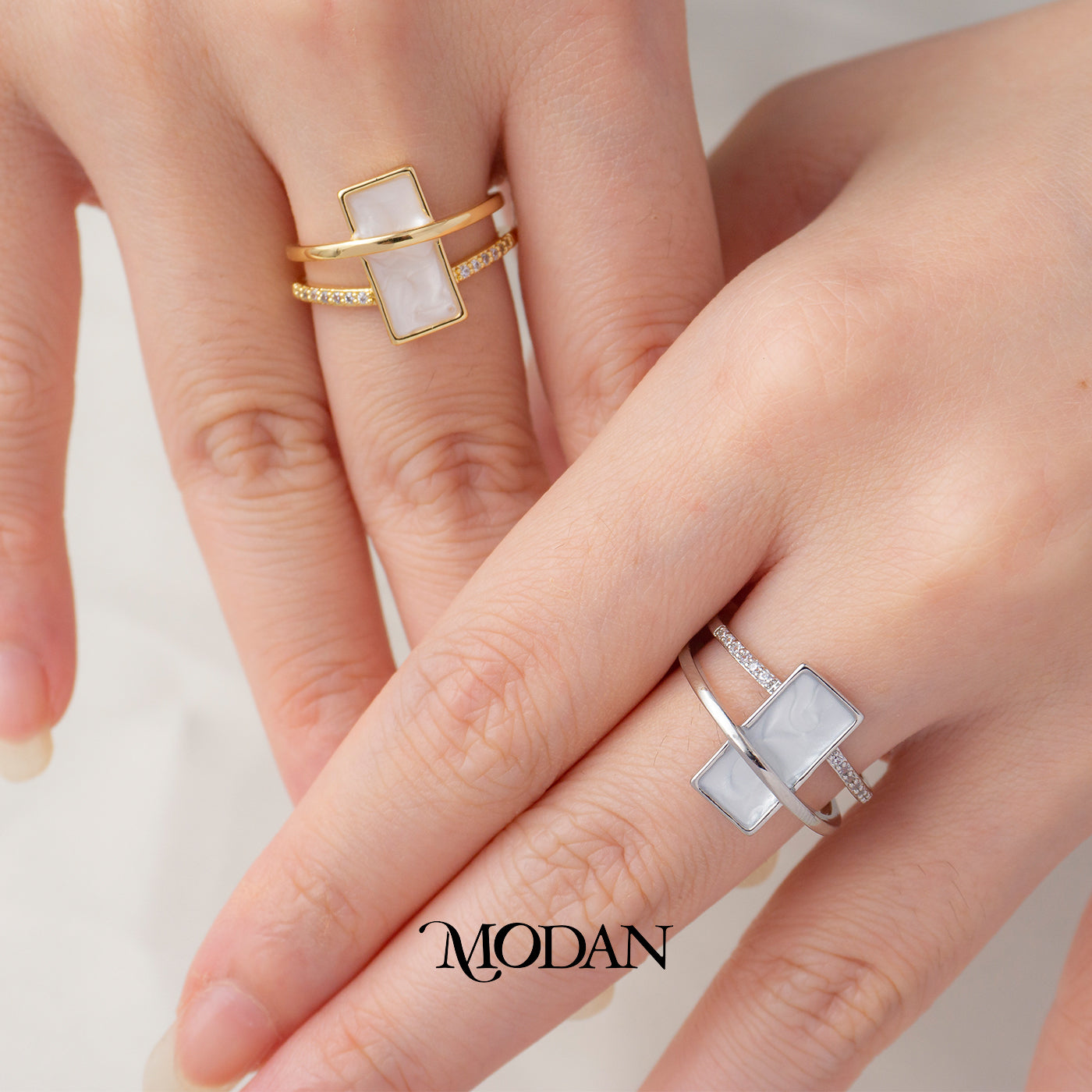 MOP White Geometric Rectangular Bar Double Layer Statement Ring Cincin Mother of Pearl Hypoallergenic Gold Plated