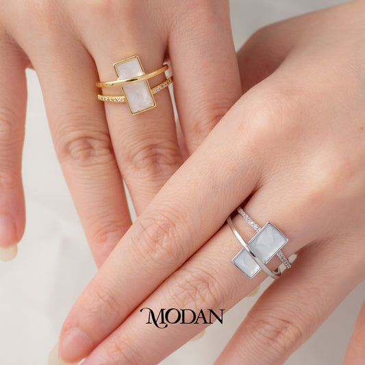MOP White Geometric Rectangular Bar Double Layer Statement Ring Cincin Mother of Pearl Hypoallergenic Gold Plated